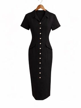Worthington Black Button Front Midi Dress Size 8 Classic Tailored Fully